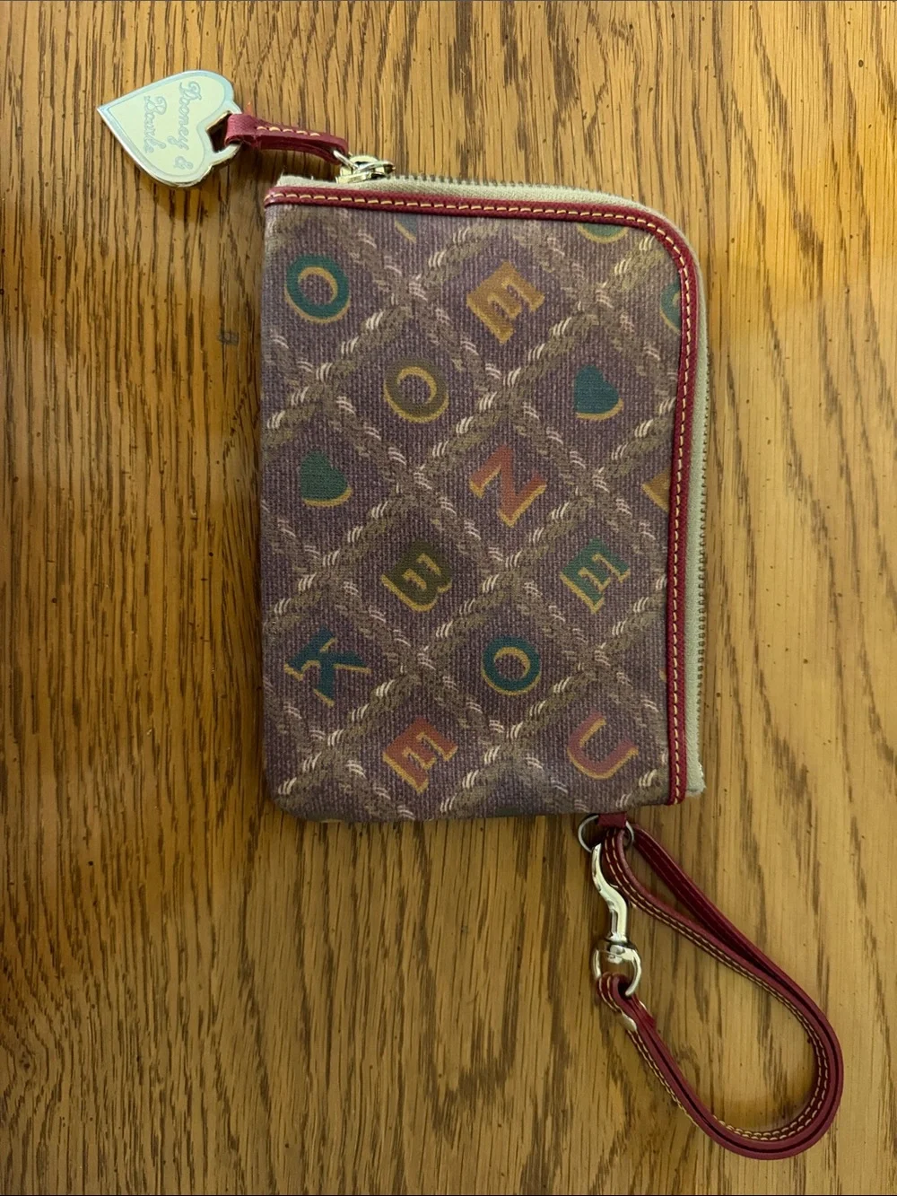 Dooney & Bourke Plum Multicolor Logo Zip Wristlet with Heart Charm